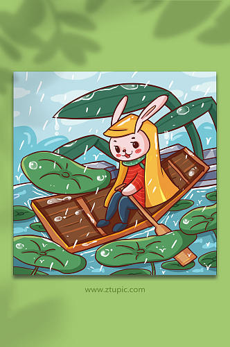 划船兔子春季雨水节气人物插画