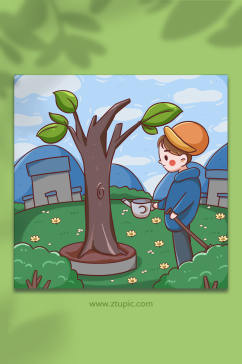 植树节小男孩给小树苗浇水人物插画
