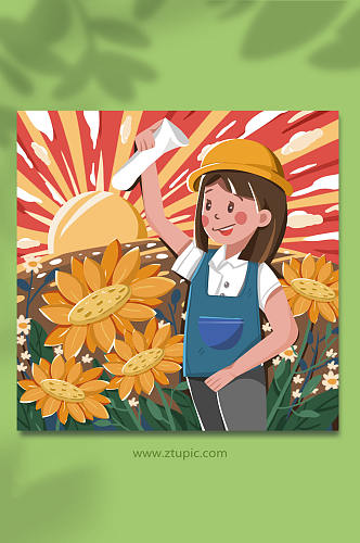 五一劳动节人物在向日葵中的女工人人物插画
