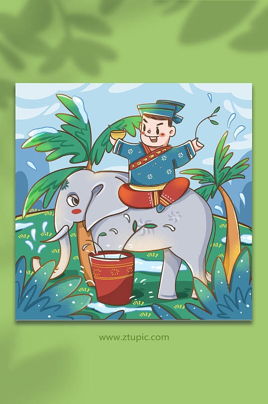 传统泼水节在大象背上的男生泼水插画