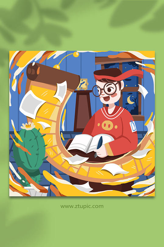 扁平风高考加油人物夜晚奋战备考插画-众图网