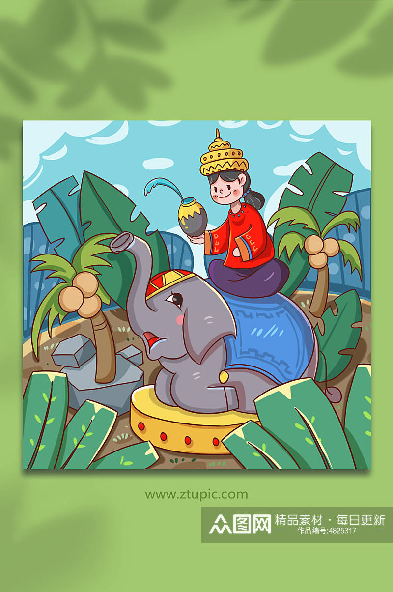 泰国旅游风光骑在大象上面的女孩插画素材
