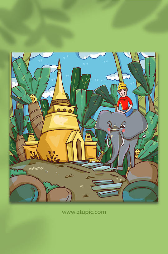 泰国旅游风光传统建筑旁骑大象插画