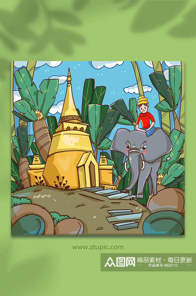 泰国旅游风光传统建筑旁骑大象插画素材