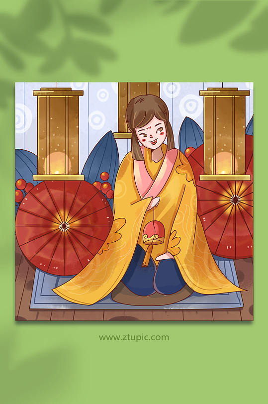 日本风情和服人物伞前少女人物插画