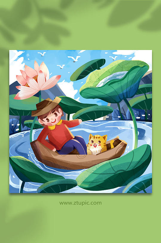 立夏节气人物荷塘里在小船上的男孩插画-众图网