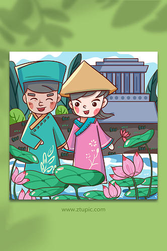 卡通越南风土人情旅游插画