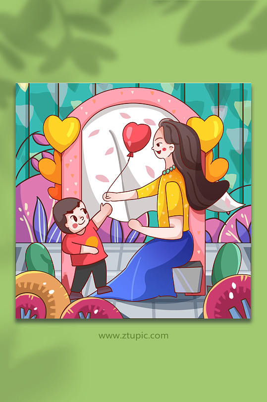 母亲节人物母亲和孩子在爱心气球前插画