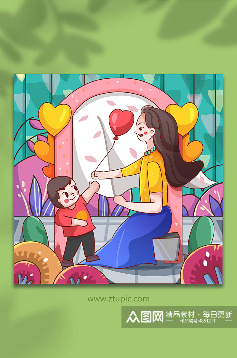 母亲节人物母亲和孩子在爱心气球前插画素材