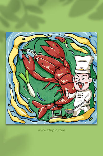 小龙虾美食人物小龙虾油和厨师插画