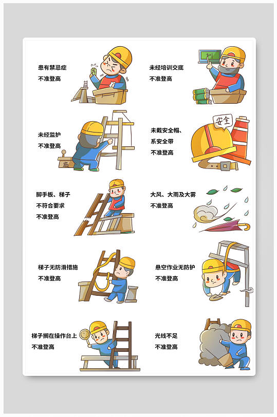 工人施工安全防坠落登高作业十不准插画-众图网