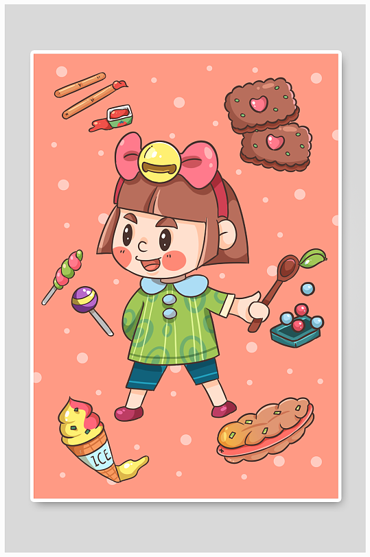 甜品女孩冰淇淋贴纸卡通美食手账插画元素