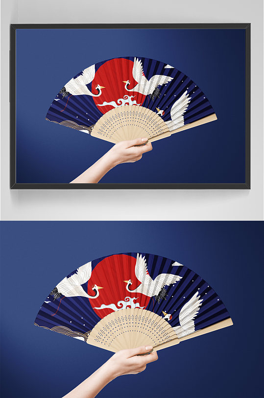 中式国潮风折扇贴图样机扇子面印花效果展示