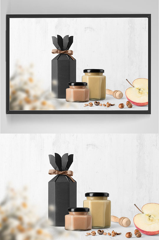 蜂蜜包装样机贴图提案场景展示六边形玻璃瓶