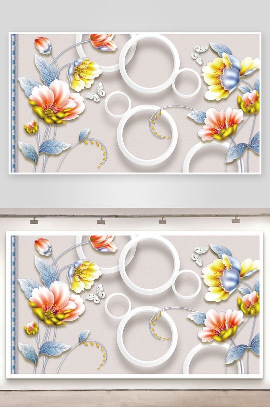 中式立体花卉电视背景墙-众图网