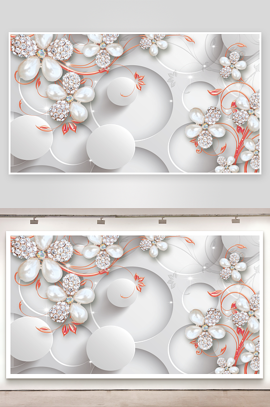 中式立体花卉电视背景墙-众图网