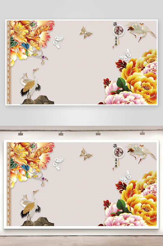 中式立体花卉电视背景墙-众图网