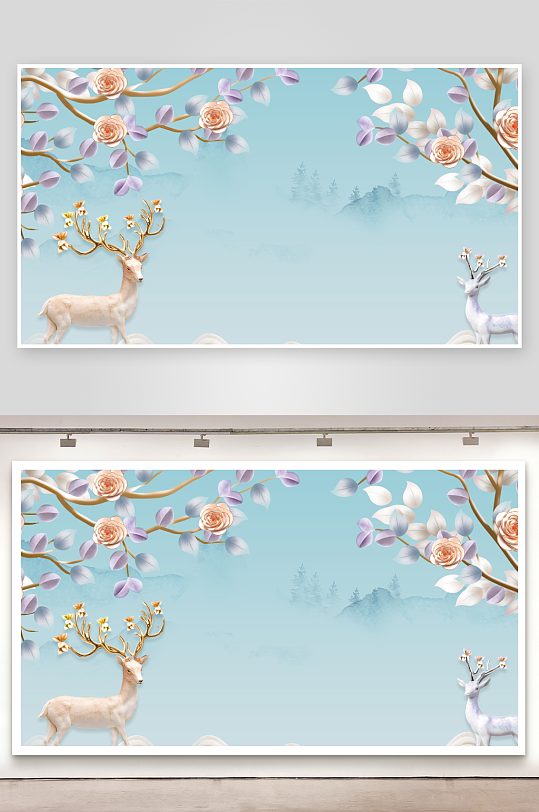 中式立体花卉电视背景墙-众图网