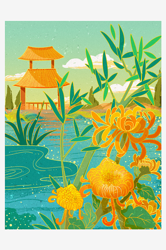 古风花卉风景画插画素材-众图网