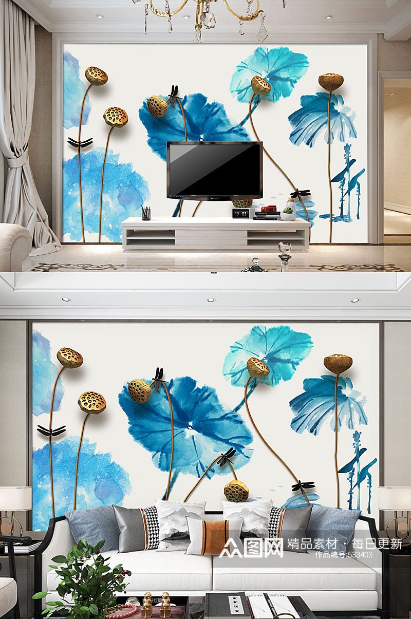 蓝色荷花莲子电视装饰画背景墙素材
