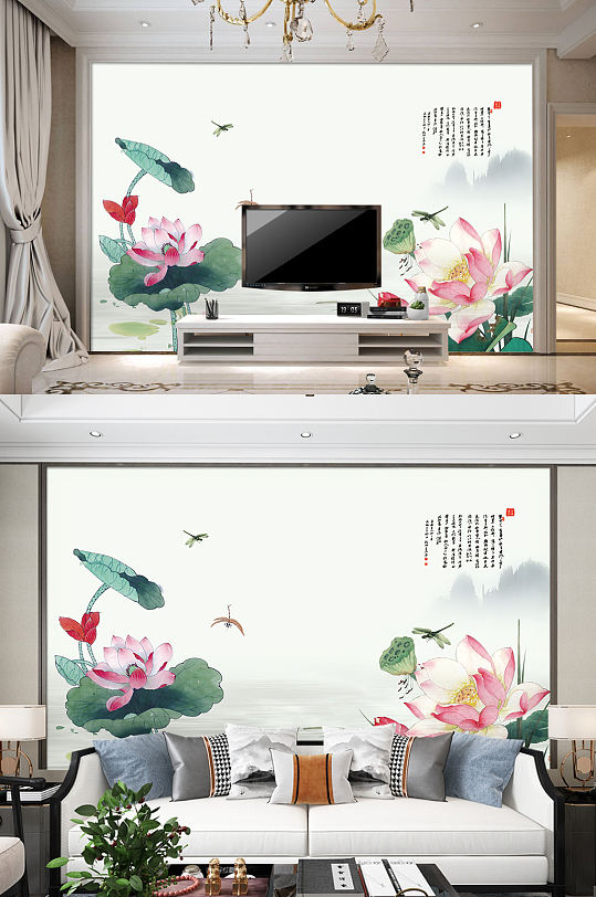 古典中国风荷花莲花浮雕装饰画背景墙