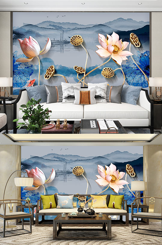 客厅电视背景莲花装饰画背景墙-众图网