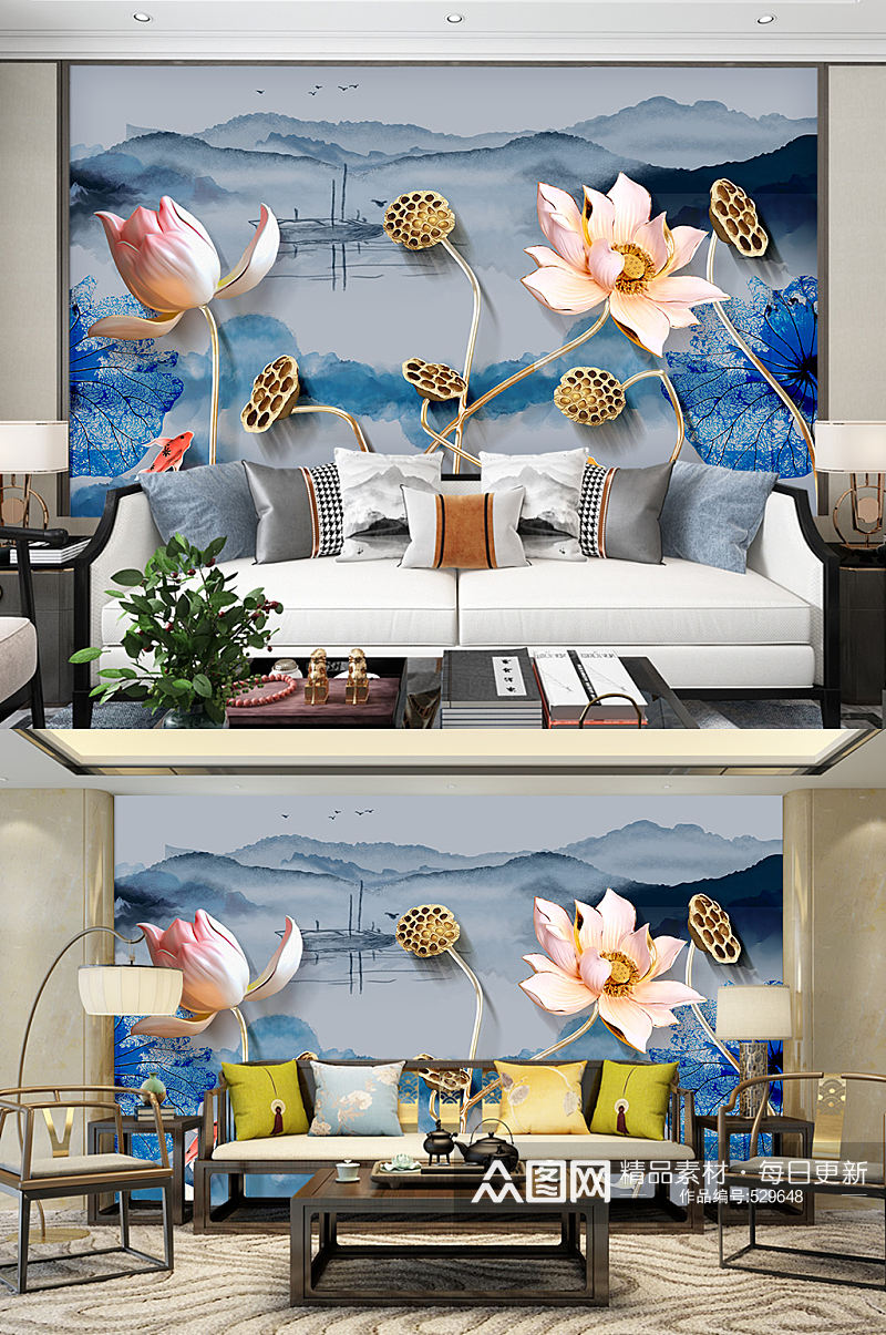客厅电视背景莲花装饰画背景墙素材