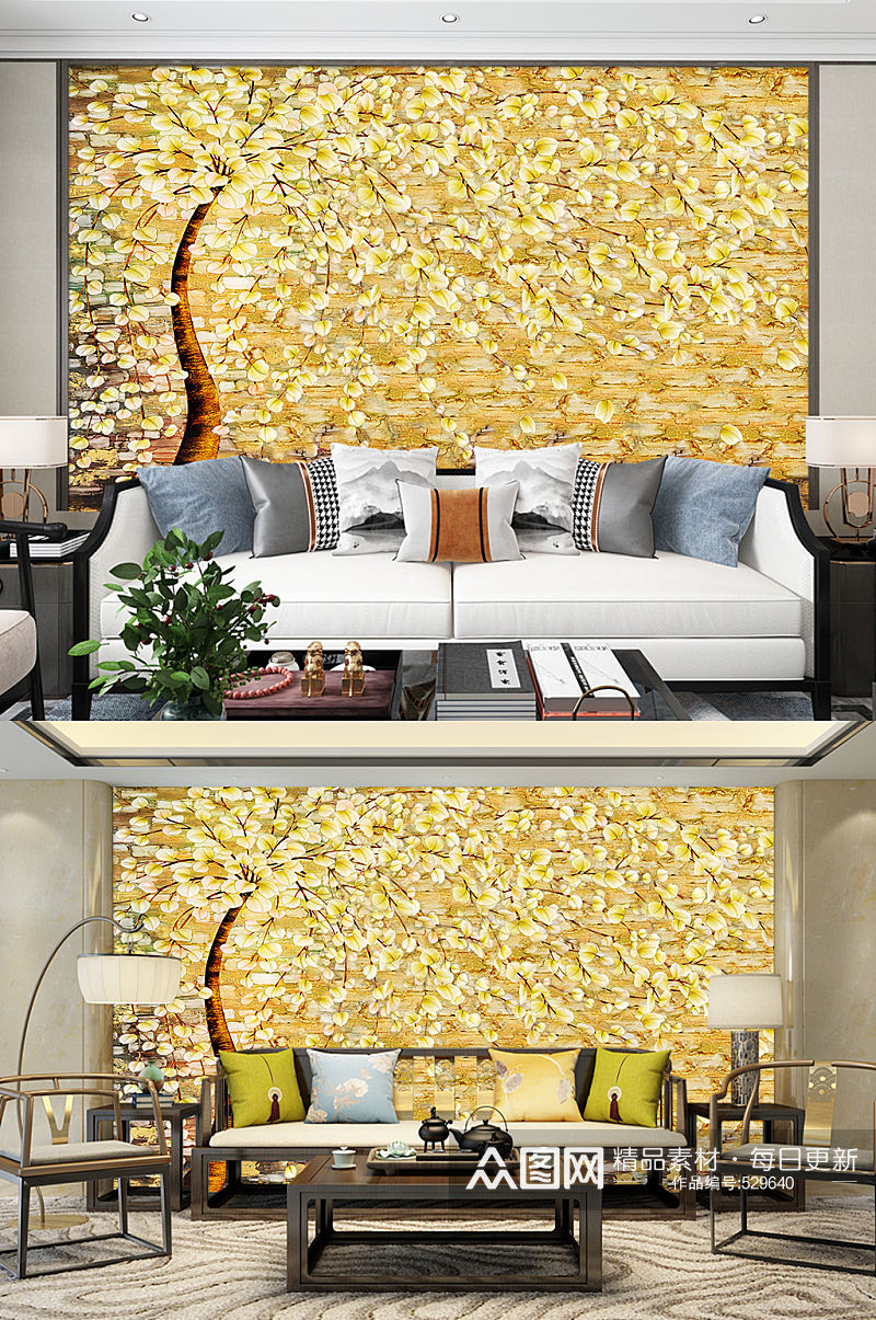 黄金满地金色大树油画电视背景墙素材