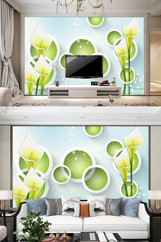 现代风电视背景墙绿色花卉装饰画