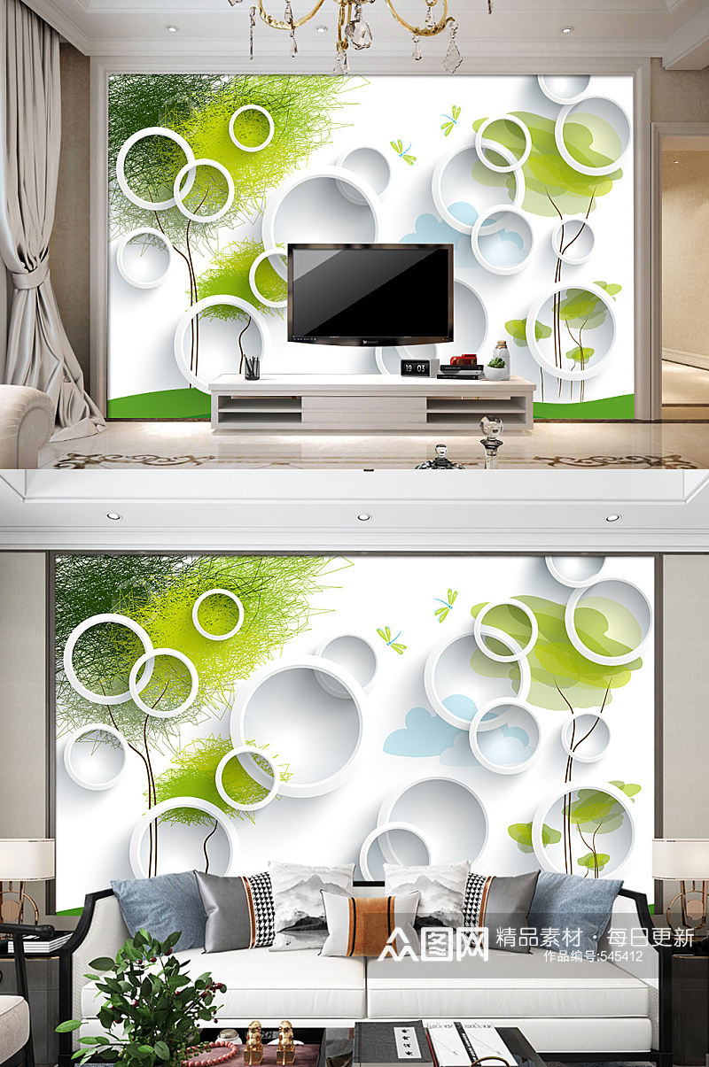 绿色抽象圆圈电视背景墙装饰画素材