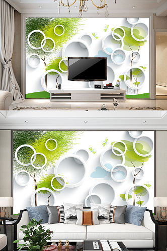 绿色抽象圆圈电视背景墙装饰画