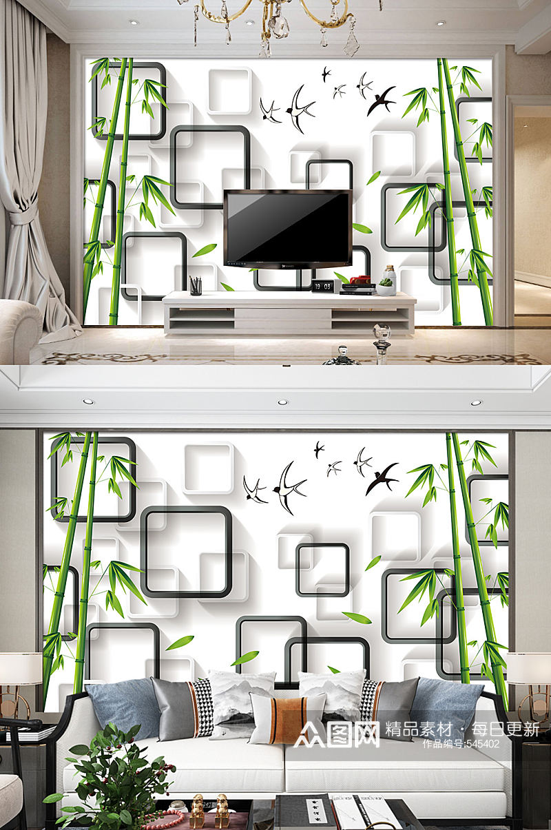 绿色电视背景墙竹子装饰画素材