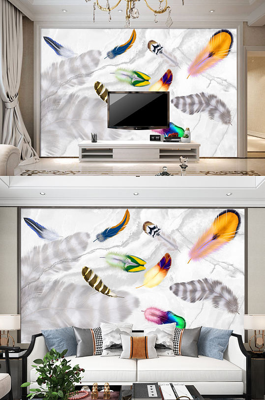 彩色羽毛电视背景墙抽象装饰画