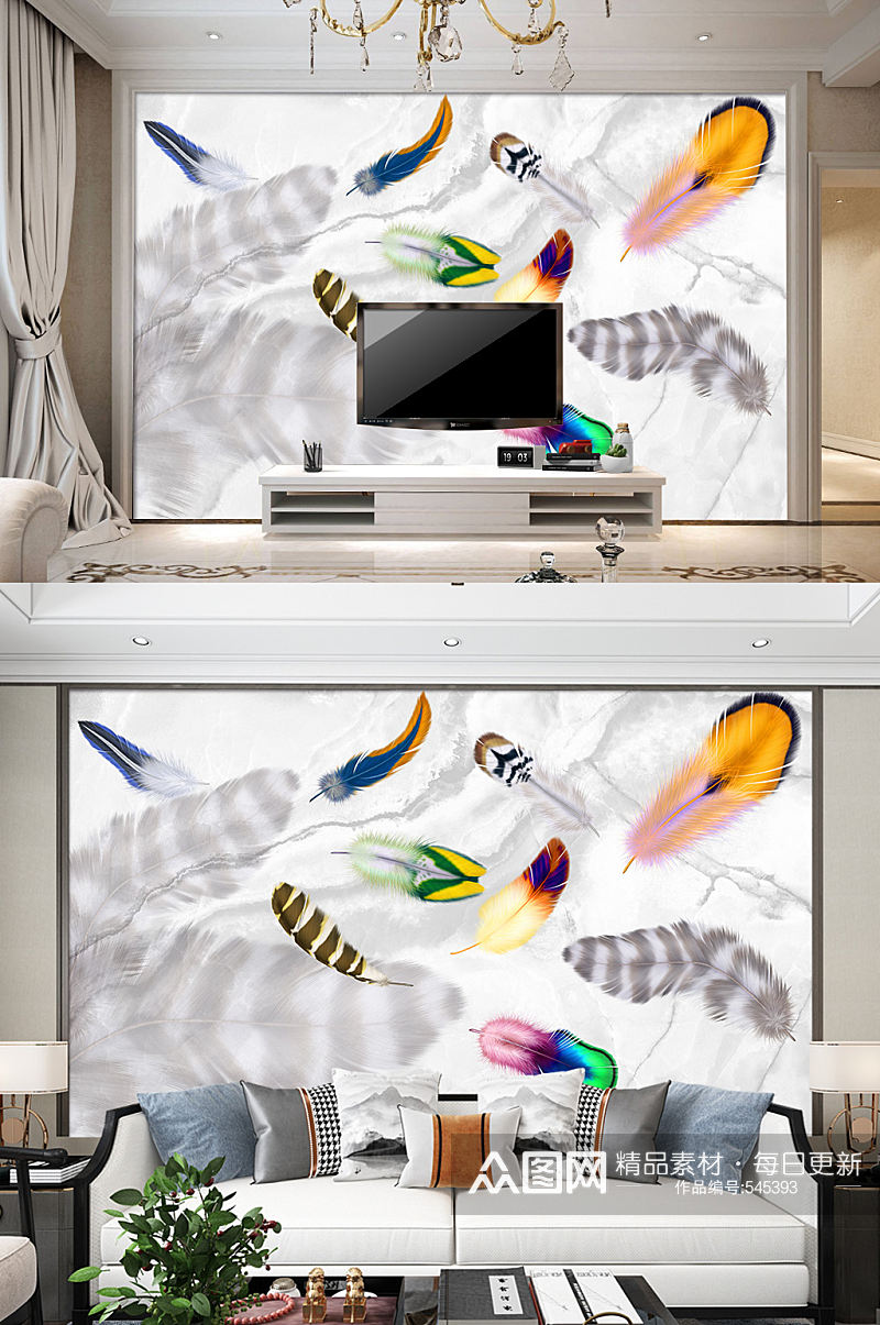 彩色羽毛电视背景墙抽象装饰画素材