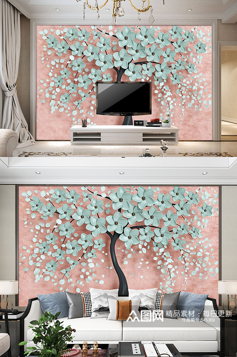 花卉电视背景墙青色装饰画素材