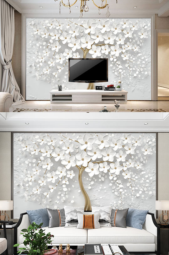 白色花卉电视背景墙花卉装饰画