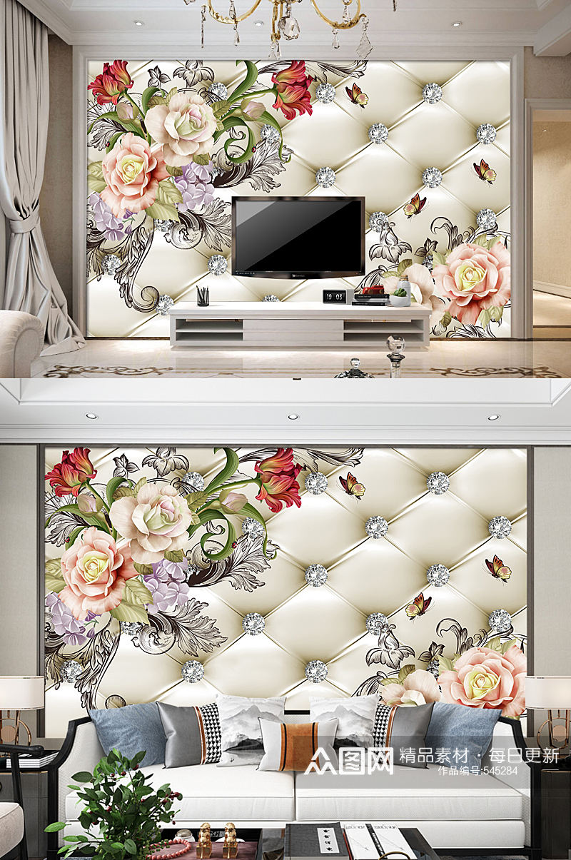 高档沙发电视背景墙牡丹花装饰画素材