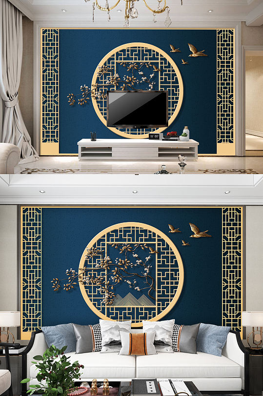 蓝色中国风电视背景墙古典花纹装饰画