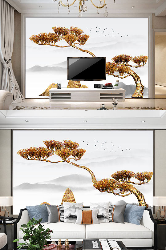 古典中国风电视背景墙松树叶装饰画