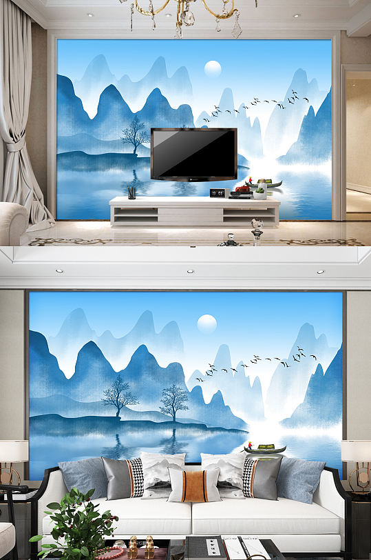 中式创意电视背景墙蓝色装饰画