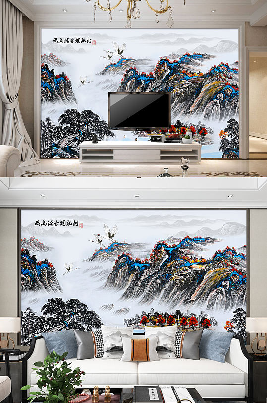 水墨山水电视背景墙古典装饰画-众图网