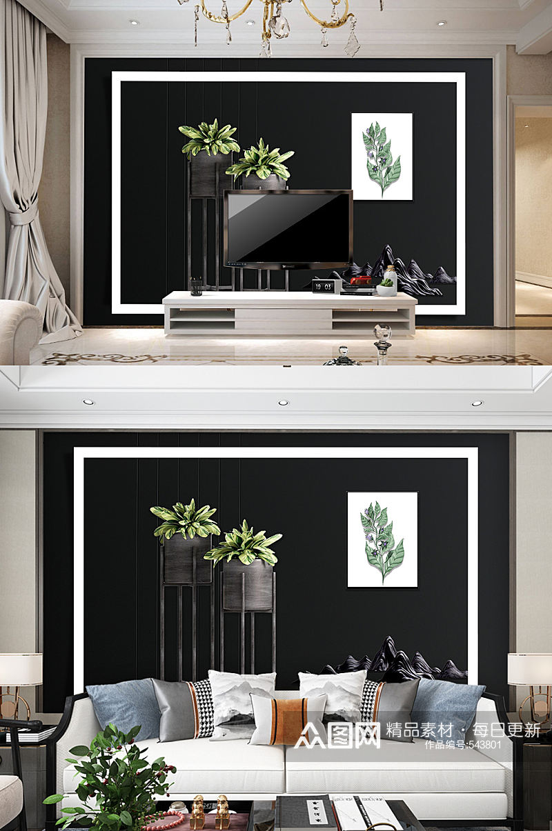 抽象电视背景墙植物装饰画素材