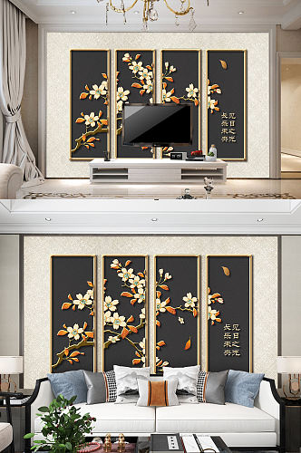 高档中国风电视背景墙花卉装饰画