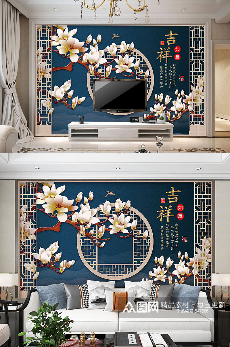 中国画国画水墨百合电视背景墙装饰画素材