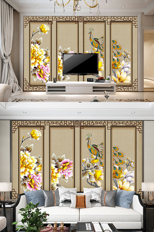 金色牡丹电视背景墙孔雀装饰画-众图网