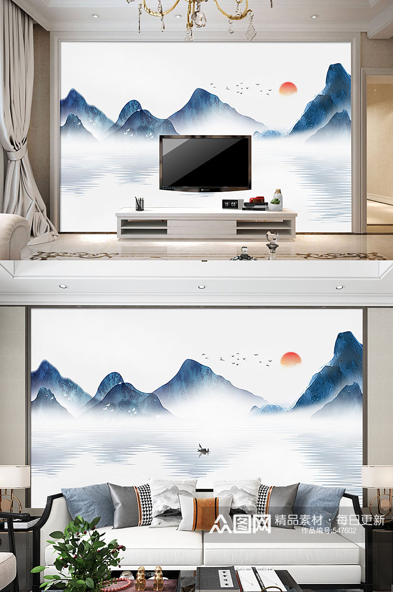 古典红日电视背景墙山水装饰画素材