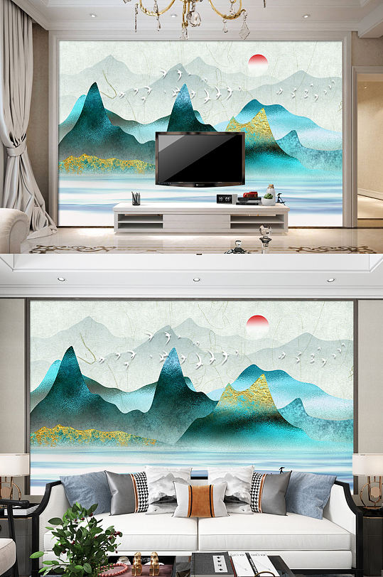 抽象山水电视背景墙绿色装饰画