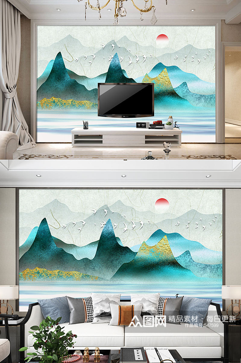 抽象山水电视背景墙绿色装饰画素材