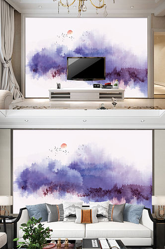 紫色水彩电视背景墙水墨装饰画