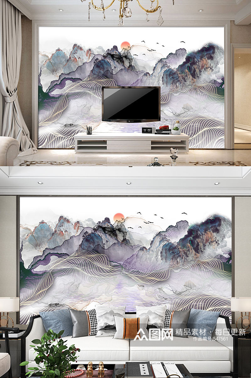 抽象水墨电视背景墙山水意境装饰画素材